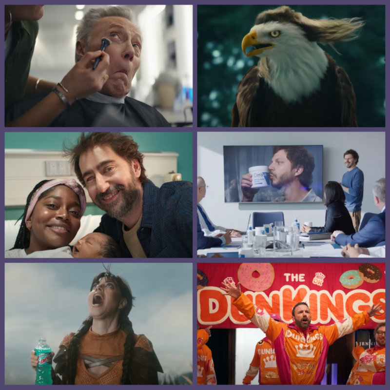 Six screenshots from Commercials including Christopher Walken, an eagle, a family, Michael Cera, Aubrey Plaza, and Ben Affleck.